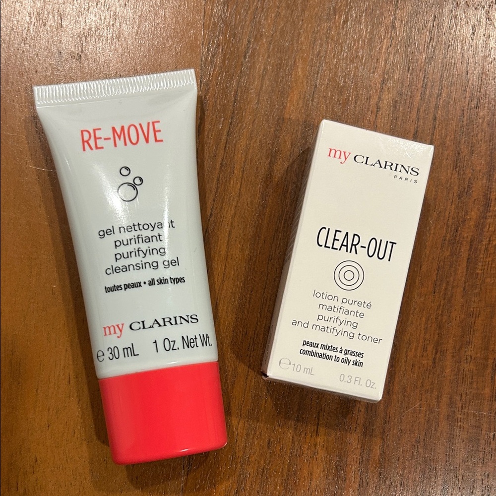 NEW Clarins RE-MOVE Cleansing Gel and CLEAR-OUT Toner - Red and White